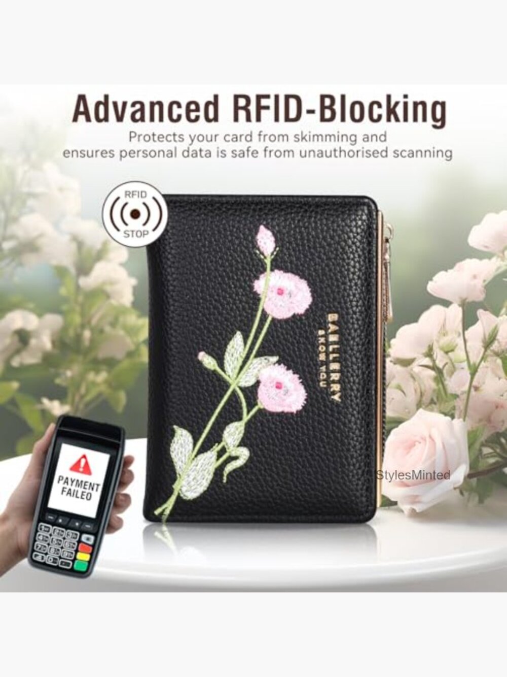 Bifold Embroidery Flower RFID Blocking Wallet with Zipper Pocket - Picture 4 of 7